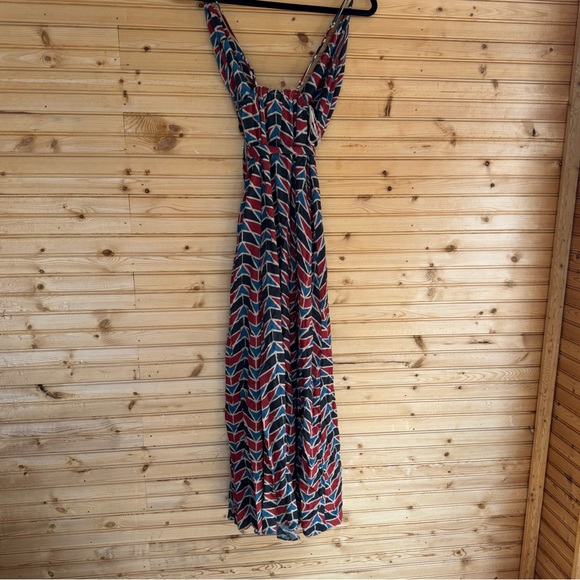 Free People Maxi Dress Wrap Siren Red Blue Geo Linen Blend Women's Size XS - Picture 3 of 7